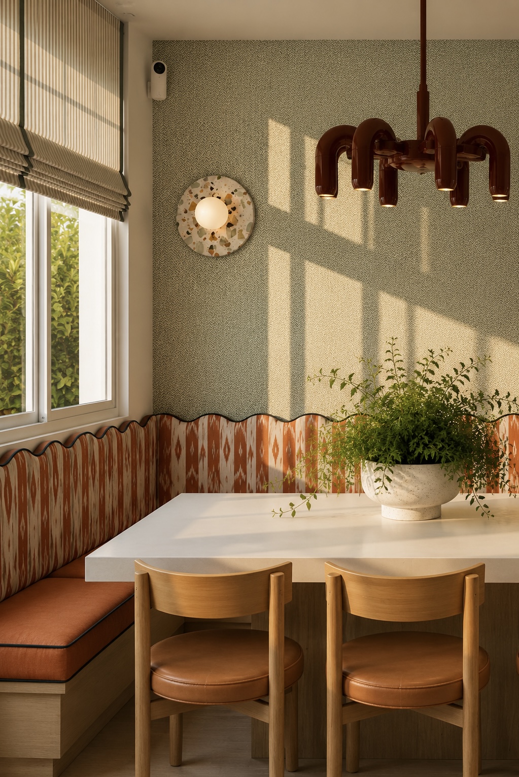Comedor con banco tapizado y lámpara escultórica